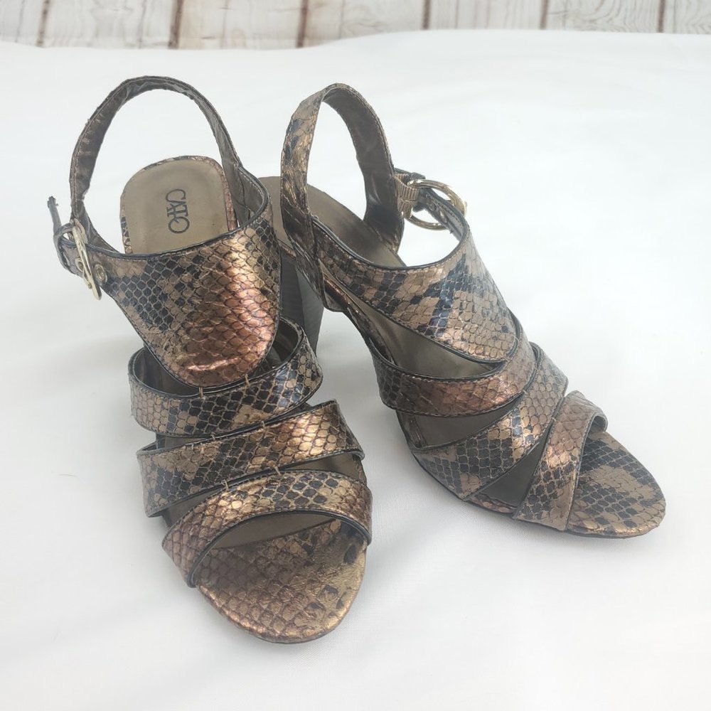 Cato Womens Gold Black Faux Leather Snake Print Block Heel Strappy Sanda…